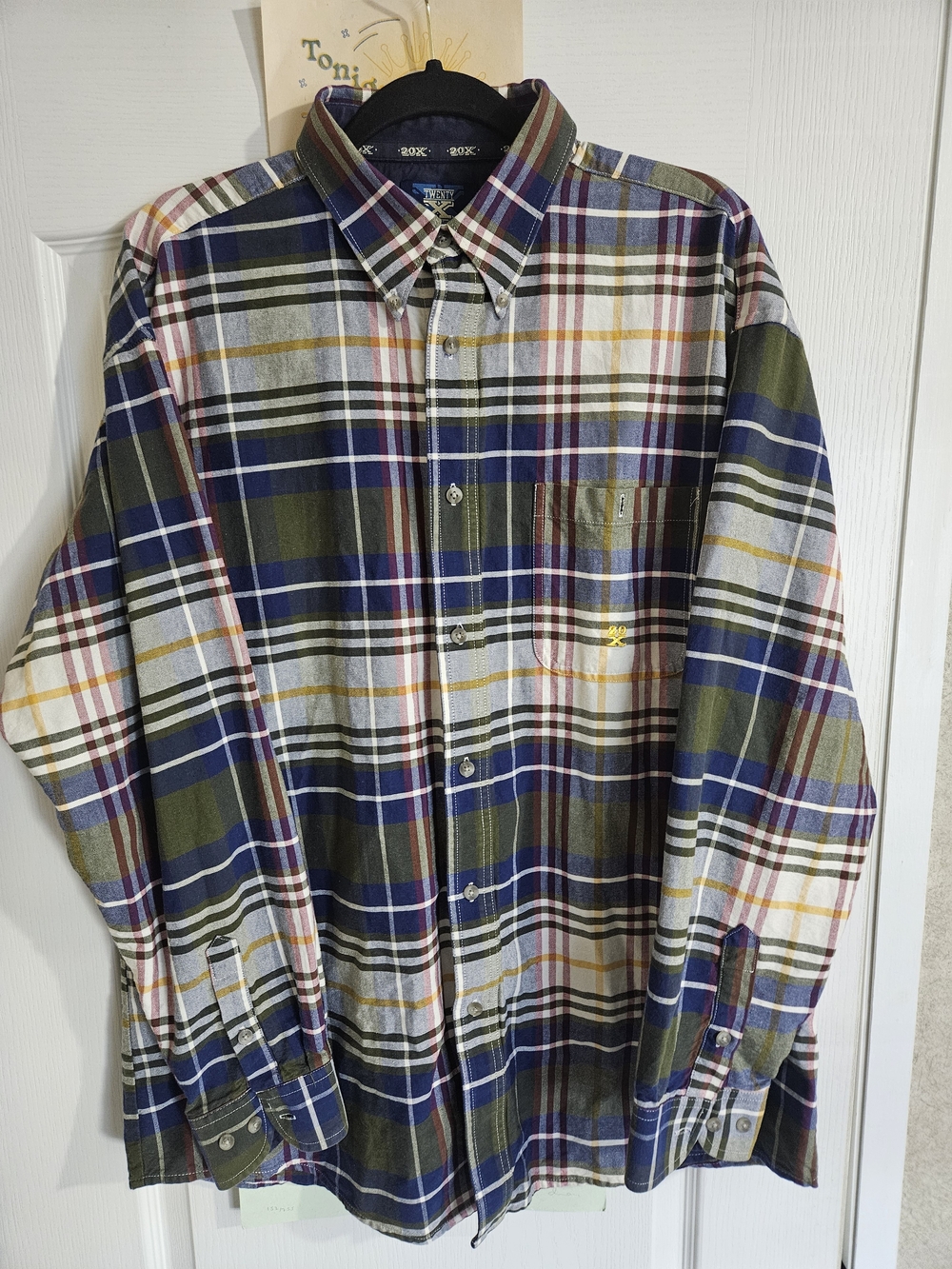 Vintage Wrangler 20X Olive Blue Plaid Long-Sleeve Button-Down Shirt